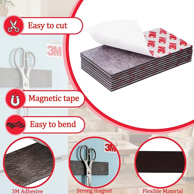 8Pack Magnetic Strip, Magnetic Tape with Adhesive Backing, Magnet Strips Heavy Duty (4" X 2") Strong Adhesive Magnetic Strips for DIY, Fridge, Whiteboard, Crafts, Signs, Cabinet（Right Angle）