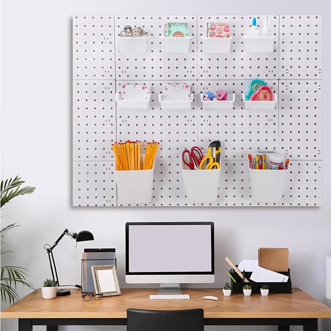 Uiifan 18 Set Pegboard Bins Kit Plastic Pegboard Cups with Metal Hooks Wall Containers Organizer Accessories with Label Stickers for DIY Tools Craft Office Workshop Garage Storage(White)