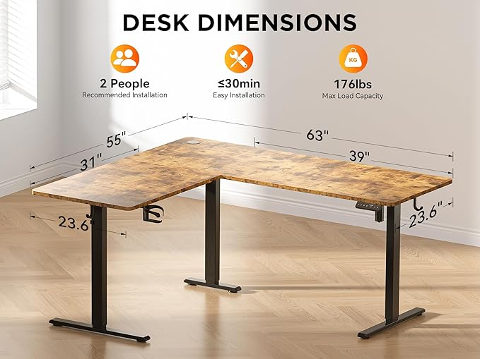 WALKINGDESK 63X55 Inches Reversible L Shaped Standing Desk Height Adjustable with Cup Holder, Electric Corner Computer Desk, Sit Stand up Home Office Desk, Ergonomic Gaming Desk, Rustic Brown
