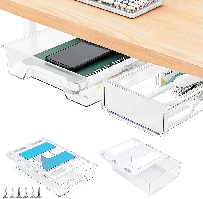 2 Pair Super Capacity 11.85 "x 8.9" Under Desk Drawer Hidden Strorage Drawer Self-Adhesive Slide Out with Smooth Gliding Motion - Attachable & Space-Saving Under Desk Organizer with Screw Kit, Clear