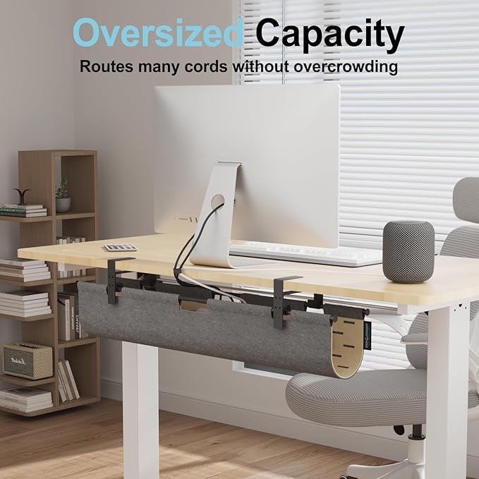 2-in-1 Under Desk Cable Management Tray & Privacy Panel, Dual-Sided Felt Cord Organizer to Hide Wires and Clutter, Desk Mount Cord Holder for Office and Home, Clamp or Screw Mount (Gray/Khaki, 30")