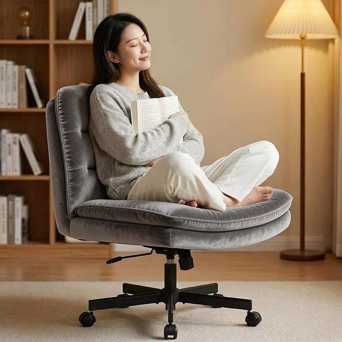 GTPLAYER Cross Legged Office Chair, Armless Desk Chair Cute Vanity Chair with Wheels Computer Chair Comfy Wide Office Chair Adjustable Swivel for Home Computer Task,Soft Velvet, Grey