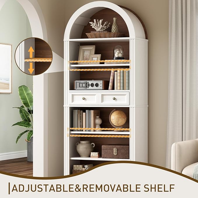 RALGEND Arched Bookshelf Set of 2, 73" Tall Arch Bookcase with Drawers, 6-Tier Farmhouse Book Shelf, Wooden Bookshelf with Open Display Shelves for Living Room, Office, Walnut and White