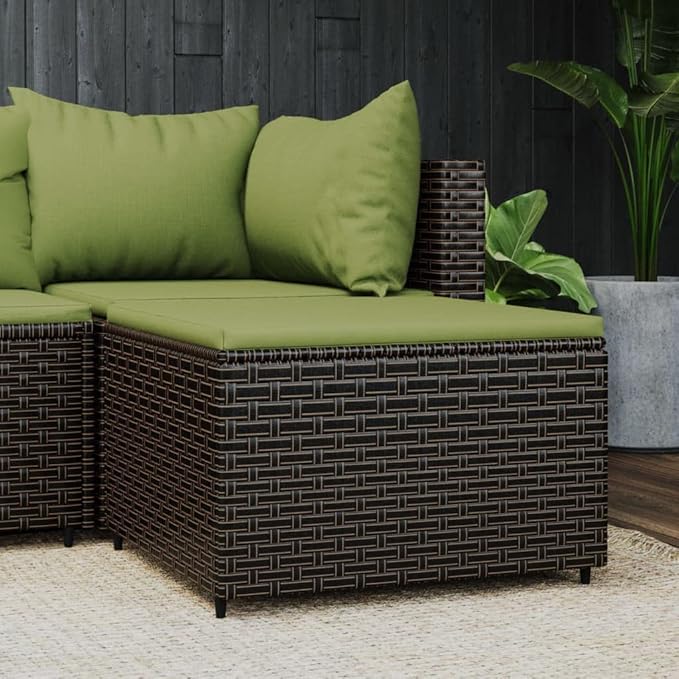 vidaXL Patio Ottomans - 2 Pcs Brown PE Rattan Wicker Footstools with Green Cushions, Powder-Coated Steel Frame, 21.7"x21.7"x12.2"