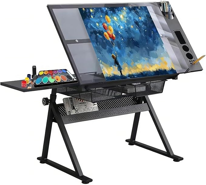 Adjustable Drawing Table for Artists | Drafting Desk with Tilted Glass Top | Art & Craft Table for Adults (Black-No Stool, Classic Pro-27.16''- 35.82'' H)