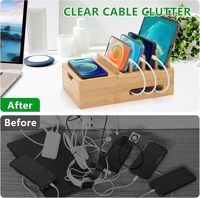 Bamboo Charging Station for Multiple Devices, Desk Charging Organizer with Drawer & Tray, Wood Docking Station Included 6 Cables, Compatible with iPhone Devices, Cell Phone, Tablet (No USB Charger)