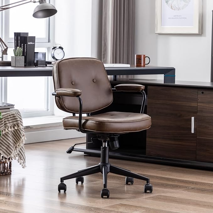 HEAH-YO Modern Armless Desk Chairs Set of 1, Swivel Computer Task Chair with Wheels and Armrests, Adjustable Office Chair with Backrest for Home Base, PU Brown
