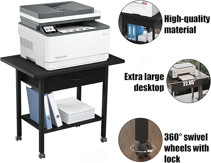 22" x 15" Under Desk Rolling Printer Stand, 2-Tier Industrial Mobile Printer Table with Strong Fabric Drawer, Storage Shelf, Steel Frame and Lockable Wheels, Printer Cart for Home Office (Black)