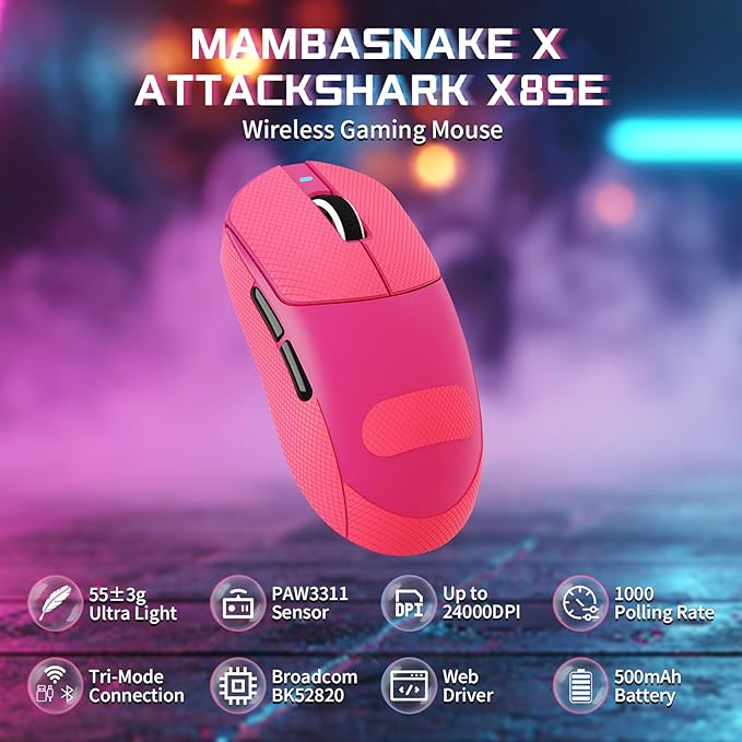 ATTACK SHARK X8SE Wireless Gaming Mouse,Adjustable 25K DPI PAW3311 Optical Sensor,Ergonomic 59g Lightweight,Triple Modes 2.4G/BT/USB-C,500mAH Battery,5 Programmable Buttons for PC/Mac-Red&Griptape