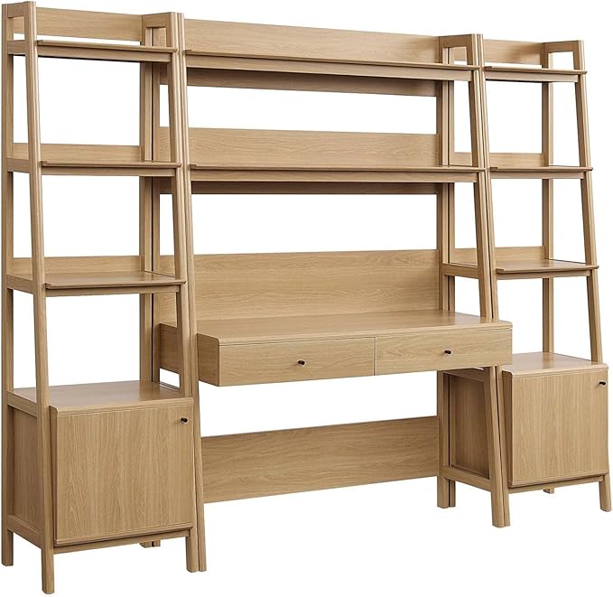 Modway 3-Piece Home Office Desk and Bookshelf Display Case in Oak