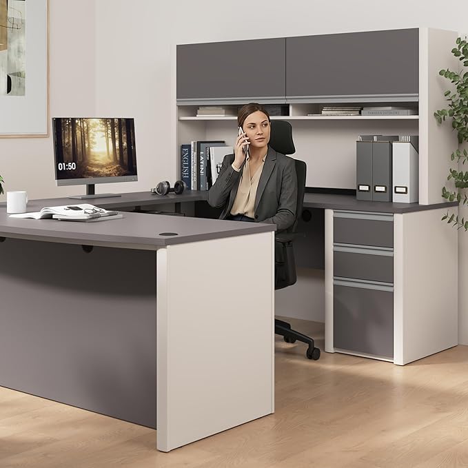 Bestar Connexion U-Shaped Workstation with Three Drawers, 72W, Slate/Sandstone