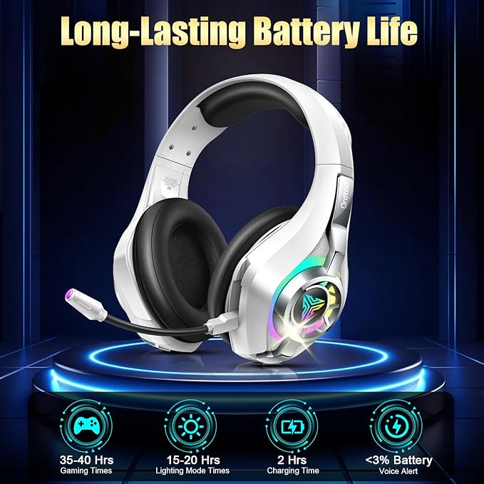 2.4GHz Wireless Gaming Headsets for PS5/PS4/PC/Switch/Xbox, RGB Noise Cancelling Over-Ear Headphones with 7.1 Surround Sound, 40mm Drivers, 276g Ultraligero, Memory Foam, 45H Gaming Headphones White