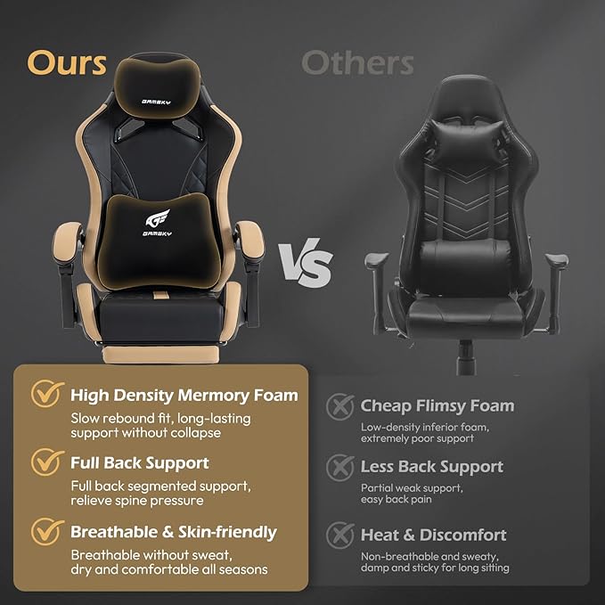 Ergonomic Gaming Chair for Adults with Footrest - PU Leather Computer Gamer Chair with Memory Foam Headrest & Lumbar Pillow, Reclining Silla Gamer Video Game Chair for Home Office, Black & Yellow