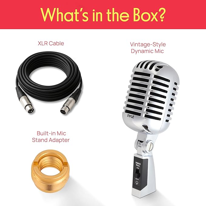 Pyle Classic Retro Dynamic Vocal Microphone - Old Vintage Style Unidirectional Cardioid Mic with XLR Cable - Universal Stand Compatible - Live Performance In Studio Recording - PDMICR42SL (Silver)