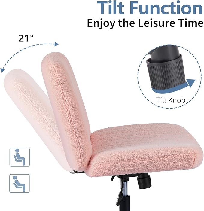 DUMOS Criss Cross Chair No Wheels, Legged Office Desk Armless Chiar Wide Seat, Adjustable Swivel Teddy Fabric Task Vanity Chairs for Home Bedroom, Pink