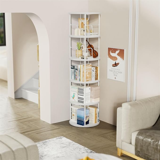 ALLSTAND 5 Tier Rotating Bookshelf, 360 ° Display Stackable Spinning Bookshelf Tower, Corner Bookshelf Tall Floor Standing Swivel Bookcase Narrow Storage Organizer for Bedroom, Living Room, White