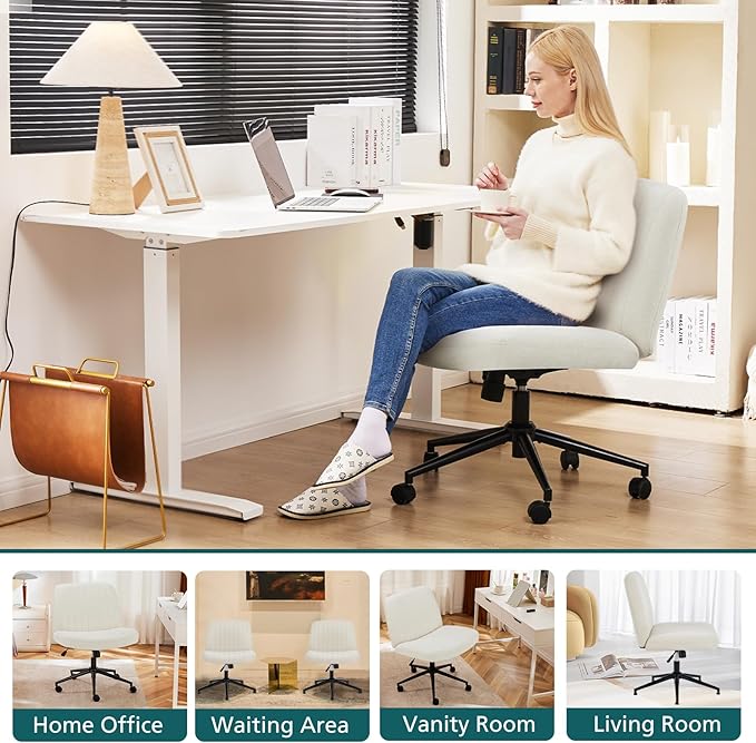 OLIXIS Criss Cross Chair with Wheels Wide Cross Legged Office Desk Vanity Chair Comfy Fabric Armless Adjustable Swivel for Home Computer Task Fabric Beige