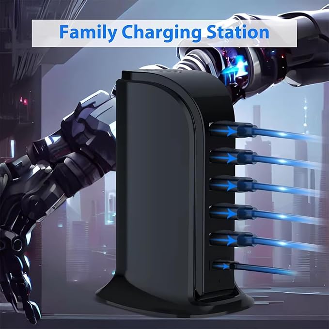 USB Charging Station for Multiple Devices, 5 USB Ports + 1 Type C Multiport Charger Tower, Compatible with Smartphones, Tablets and Other Devices (Black)