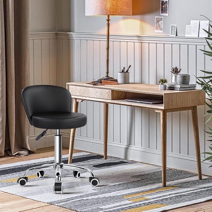 KKTONER Rolling Vanity Chair with Backrest Height Adjustable Office Chair PU Leather Swivel Drafting Stool with Wheels (Black)