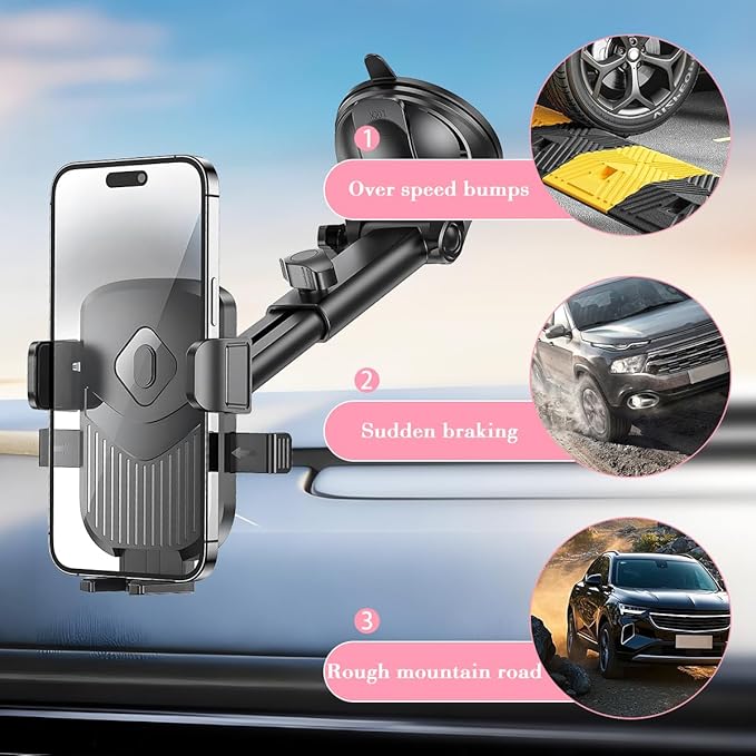 Car Phone Holder, 360° Adjustable Strongest Suction Vehicle Windshield Dashboard Air Vent Cell Phone Mounts, Hands Free Automotive Interior Smartphone Stand, Universal Fit (Black)