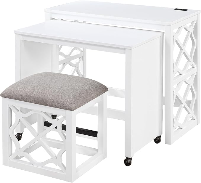 Desks and Stool Set 3pc White Finish Rolling Desk with Casters, 2 Charging Ports Home Office Furniture(White)