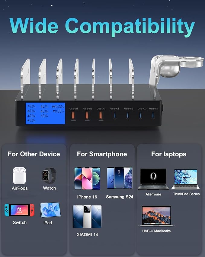 Charging Station for Multiple Devices, slitinto 245W 7-Port USB C Fast Charger Stations for MacBook, iPhone, iPad, Tablet, Family Multi Device Organizer with LCD Display, Black