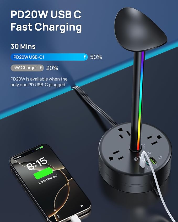 TROND Headphone Stand with PD 20W USB C Charger, RGB Gaming Headset Holder with 3 AC Outlets Extension, 5ft Retractable Power Strip Suitable for Gamer Desktop Table Game Earphone Accessories Gift