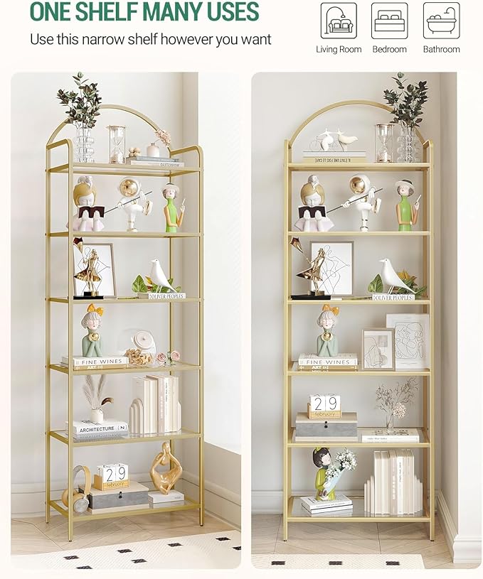 Hzuaneri Bookcase Bookshelf, Tempered Glass Bookshelves, Slim Shelving Unit for Bedroom, Bathroom, Home Office, Steel Frame, 6 Tier Gold BC21699G