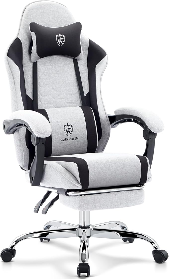 Gaming Chair Breathable Fabric,Computer Office Chair with Footrest,Massage Lumbar Support and Gel Pad,Ergonomic Reclining Adjustable Gamer Chair with Headrest and Spring Cushion Grey Black