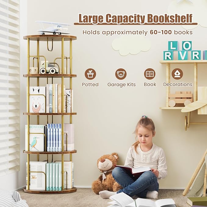 ALLSTAND Rotating Bookshelf, 4 Tier Spinning Bookshelf Tower, 360° Display Unique Round Bookcase, Floor Standing Corner Revolving Bookshelf Storage Organizer for Small Spaces, Home Study Office, Gold