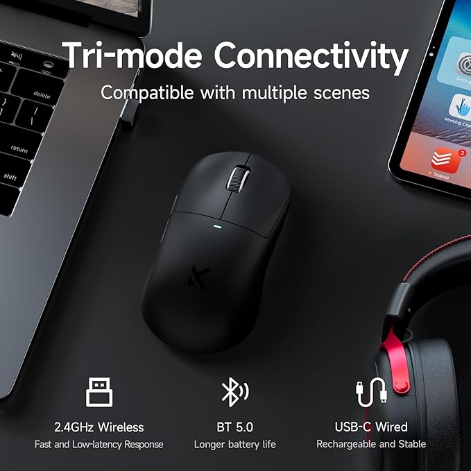 MCHOSE M7 Ultra Wireless Gaming Mouse, 8K Polling, 53g Lightweight Ergonomic Computer Mouse PAW3950 Optical Sensor 750 IPS 42000 DPI 6 Programmable Controls USB-C 3-Modes PC/Mac Black