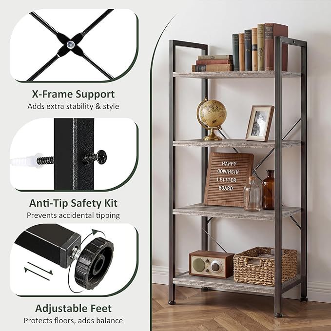 4 Tier Bookshelf, Free Standing Wooden Bookcase with Open Storage Shelves with Metal Frame, Sturdy Shelf Organization Display Rack for Living Room, Bedroom, Home Office, 39.4" Tall, Grey