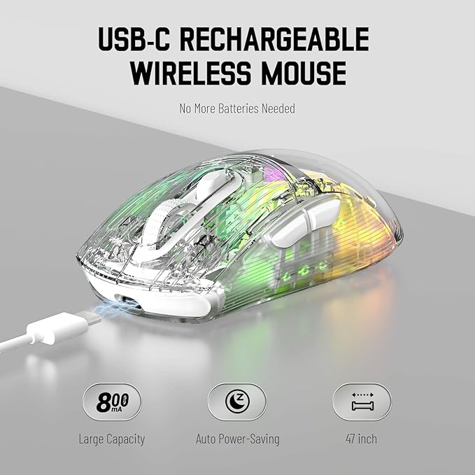 Wireless Gaming Mouse PC Transparent Shell Computer Mice with Dual mode BT5.0/2.4G,PixArt Chip 3D RGB Lighting,Ergonomic 7 Buttons,Rechargeable Mute Mouse for PC Laptop Tablet PS4 PS5 Xbox one