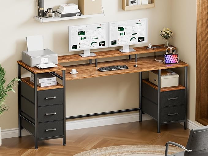 Korfile 61 Inch Gaming Desk with Power Outlets and LED Lights, Reversible Computer Desk with 5 Fabric Storage Drawers, Home Office Desk with Monitor Stand for Working Writing Study, Rustic Brown