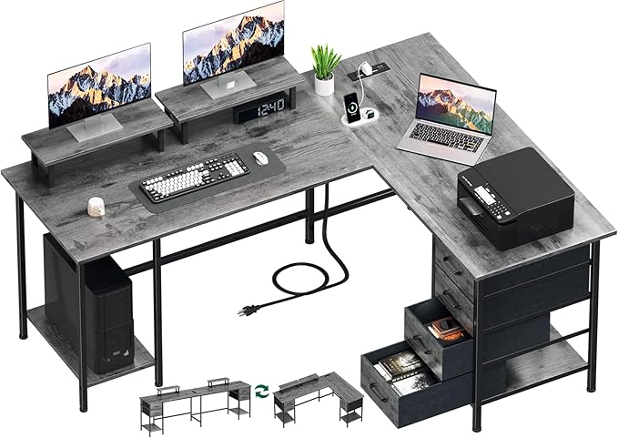Korfile 59 inch L Shaped Computer Desk with Power Outlets, Home Office Desk with 4 Adjustable Storage Drawers & 2 Monitor Stands, Two Person Gaming Table for Bedroom, Grey