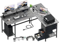 Korfile 59 inch L Shaped Computer Desk with Power Outlets, Home Office Desk with 4 Adjustable Storage Drawers & 2 Monitor Stands, Two Person Gaming Table for Bedroom, Grey