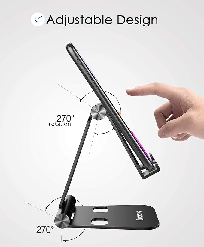 Cell Phone Stand, Updated Adjustable Desktop Phone Holder Cradle,Fully Foldable, Thick Case Friendly, Portable Aluminum Compatible with All Mobile Phones, Switch, Tablets(4-10in)-Black