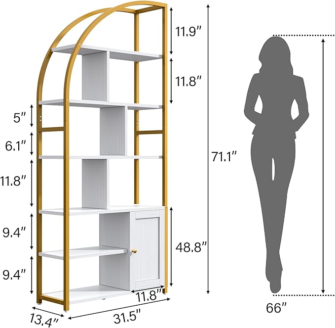 Jehiatek 71" Arc Gold Bookshelf with Storage Cabinet, Tall 6 Tiers Industrial Bookcase with Sturdy Metal Frame, Geometric Book Shelf for Lving Room, Home Office, Gold and White