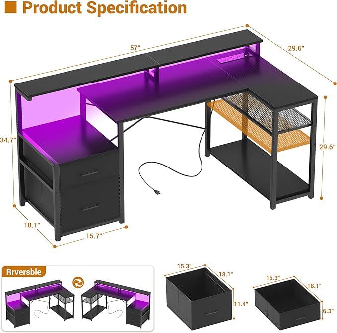 Aheaplus L Shaped Desk with File Drawer, Reversible L Shaped Computer Desk Gaming Desk with Power Outlet & LED Strip, Home Office Desk with Monitor Shelf, Corner Desk with Storage Shelves, Black