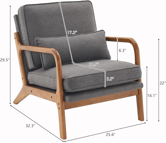 Indoor Lounge Chair,Oak Armrest Single Sofa Chair,with Backrest and Seat Cushion,Seat Cushion Filled with Foam,Chair Living Room Bedroom Lounge,25.6" Wide Accent Chairs,Dark Gray