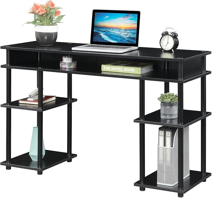 Convenience Concepts Designs2Go No Tools Desk Home Office Desk with Shelves, Corner Shelf Vanity Desk Computer Desk Nail Table for Nail Tech - 47.25" L x 15.75" W x 30" H, Black/Black