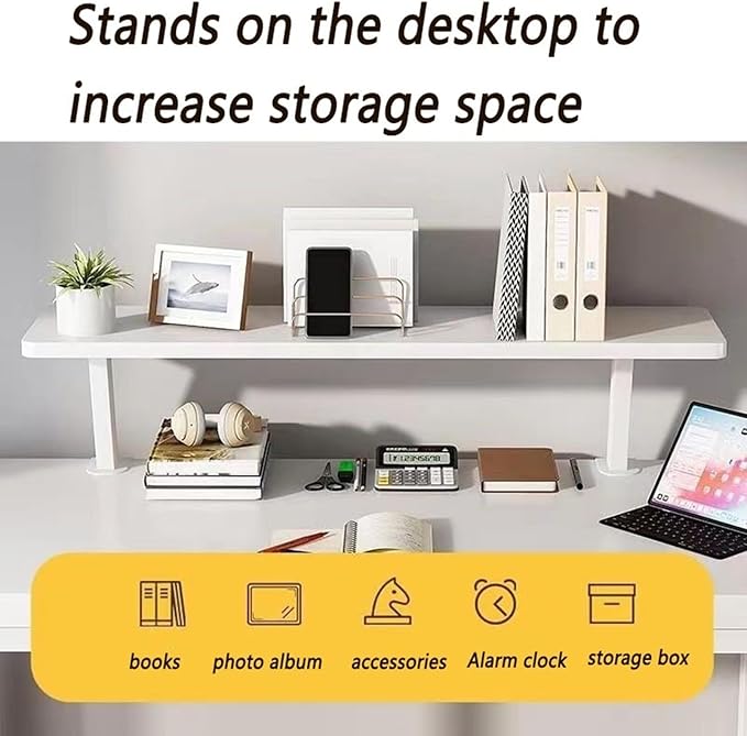 Clamp On Desk Organizer Shelf White, Above Desk Storage Extension Portable No Drill Required Bookcase Clamp Rack for Home Office Dorm Workstation and Study Space (White, 39.4x7.8 in)
