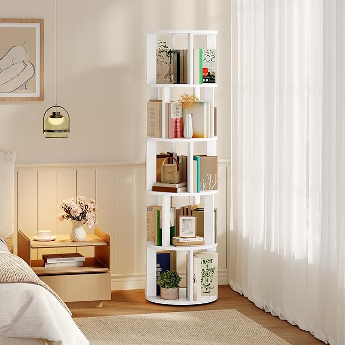 MAHANCRIS 5-Tier Rotating Bookshelf, 360° Spinning Bookshelf Tower, Floor Standing Round Revolving Bookcase, Display Rack for Books, CDs, for Living Room, Study, Bedroom, White BKWT6501
