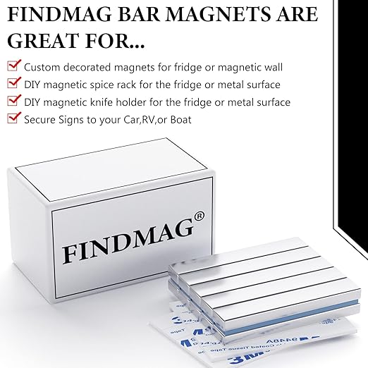 FINDMAG Strong Neodymium Bar Magnets with Double-Sided Adhesive, Rare Earth Magnet Neodymium Magnets Bar - 60 x 10 x 5 mm, Pack of 10