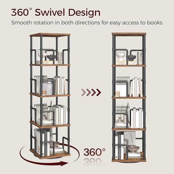 MAHANCRIS 4-Tier Rotating Bookshelf, Freestanding Corner Bookshelf, 360° Spinning Bookcase, Industrial Style Storage Rack with Rails, for Living Room, Bedroom, Study, Rustic Brown and Black BKHR1501