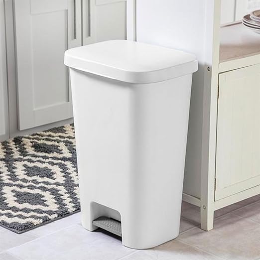 Sterilite 11.9 Gallon Rectangular Step On Kitchen Plastic Indoor Wastebasket with Wide Opening Lid and Comfort Handle for Home, White (16 Pack)