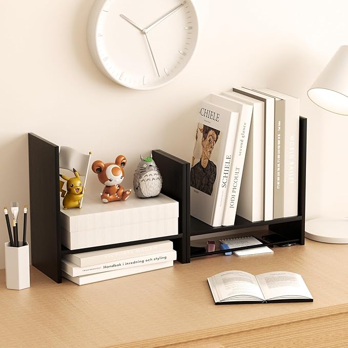 Desk Shelves Wood Desktop Orgnizer Shelf.Office Organization for Top of Desk Organizers and Accessories Bookshelf Shelving,Adjustable Tier H-Shape Mini Bookcase(Black)