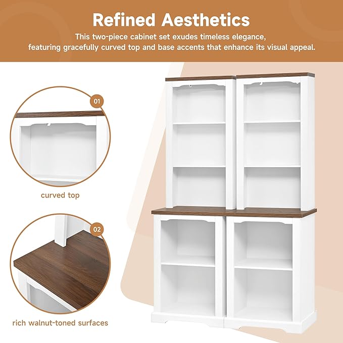 ON-Trend Two-Piece Elegant Freestanding Tall Cabinet with Fully Open Storage, Walnut Element Bookshelves with Curved Design, Stylish Display Bookcase with Anti-Tip Device for Living Room, White Refi