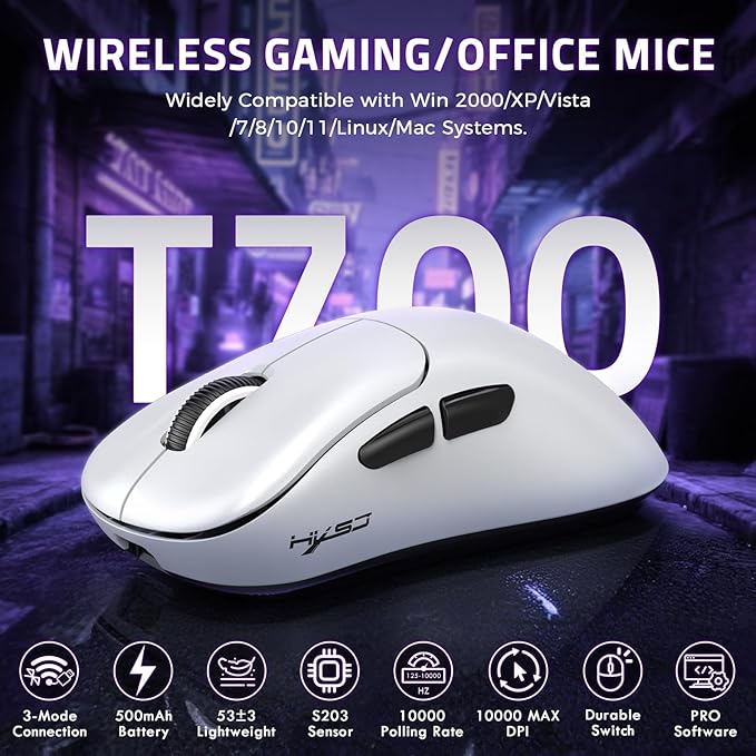 ZIYOU LANG × HXSJ T700 Wireless Gaming Mouse,Adjustable 10K DPI 1K Optical Sensor,2.4G/BT/USB-C Rechargeable 6 Programmed Buttons,56g Lightweight Right-Handed Ergonomic Computer Mice for PC/Mac-White