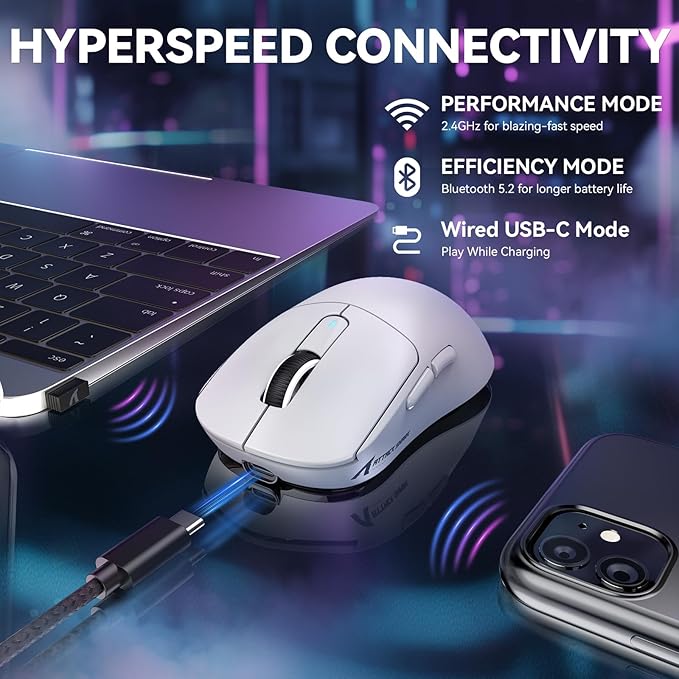 MAMBASNAKE Attack SHAKR X3MAX Wireless Gaming Mouse,PixArt PAW3950 42000 DPI,49g Ultralight Tri-Mode(BT5.4/2.4GHz/Wired), 1K Polling Rate Programmable Computer Mice for PC/MAC/Win - White